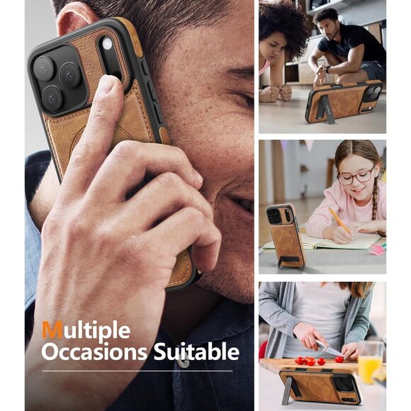 Brown Iphone 17 Pro Max Invisible Stand Protective Slim Kickstand Leather Case - Picture 8 of 8